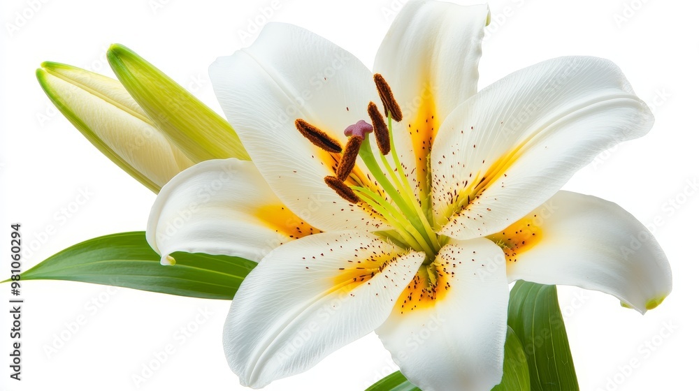 Detailed close-up of a blooming white lily, isolated on a white background, purity theme