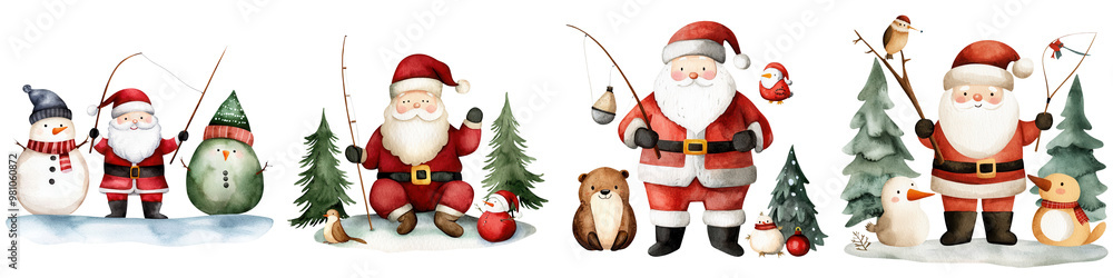 Charming Christmas scene featuring playful Santa Claus characters with snowmen, trees, and festive elements for the holiday spirit. Charming Christmas scene featuring playful Santa Claus characters with snowmen, trees, and festive elements for the holiday spirit.