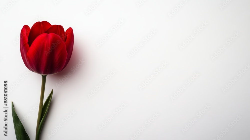 Elegant red tulip on solid white background, soft shadows, perfect for minimalist designs with copy space Elegant red tulip on solid white background, soft shadows, perfect for minimalist designs with copy space
