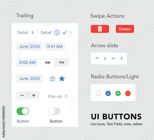 UI kit with template for Lists, UI Buttons, Icons, tables and radio buttons,