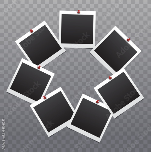 Seven realistic blank attached square photo frames laid out in a circle. Vector template on dark transparent background