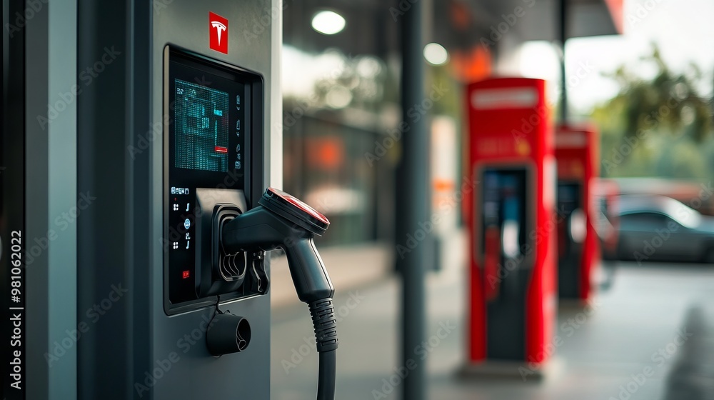 Charging Station for Electric Vehicles with Digital Display - AI generated illustration Charging Station for Electric Vehicles with Digital Display - AI generated illustration