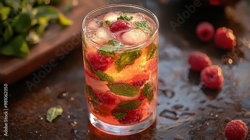 Refreshing raspberry mint beverage with ice, garnished with fresh mint leaves and berries, captured in warm lighting