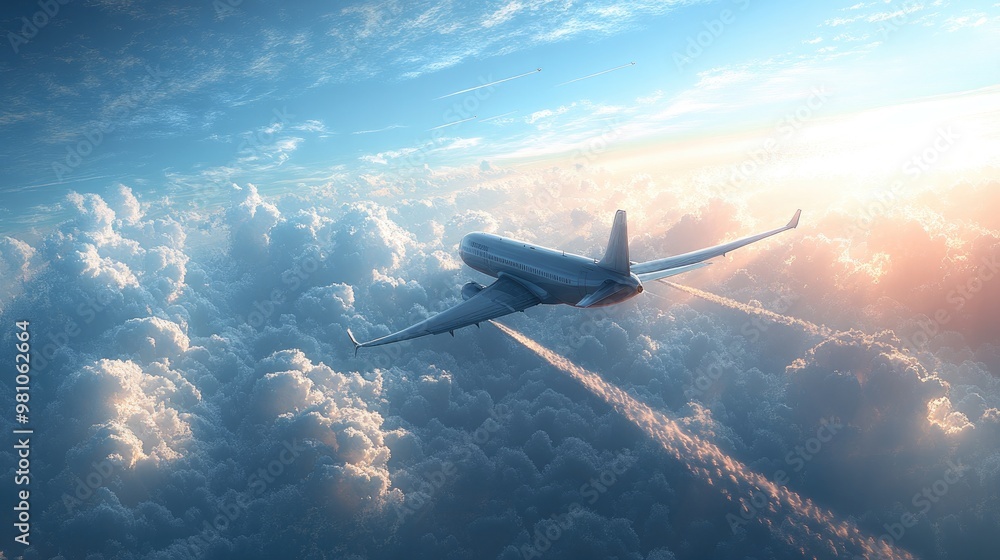 Naklejka premium Blue Sky with Airplane Contrails and Wide Copy Space for Travel and Lifestyle Themes