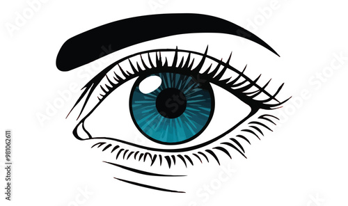 a diagram of an eye with an iris and pupil in the center, the background is light gray, add long, curved eyelashes extending from the lower lid, flat design