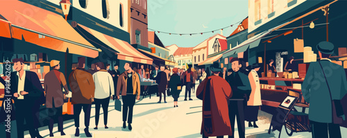 Nostalgic depiction of an old-fashioned market street scene, bustling with vendors and shoppers, flat, vector illustration, Vintage hand drawn.