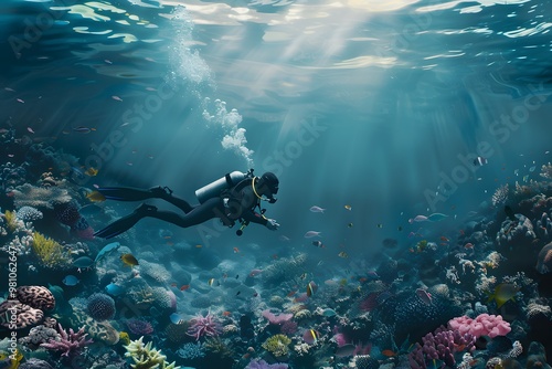 Wallpaper Mural Illustration of A stunning underwater scene, a diver exploring a coral reef, collecting ocean plastic, symbolizing the freedom to protect the environment and live a zero waste lifestyle Torontodigital.ca