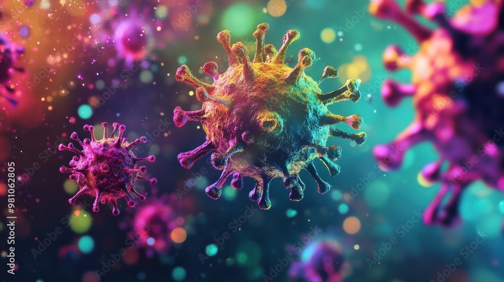 A digital illustration of virus cells multiplying rapidly, with bright colors representing the infection process. A digital illustration of virus cells multiplying rapidly, with bright colors representing the infection process.