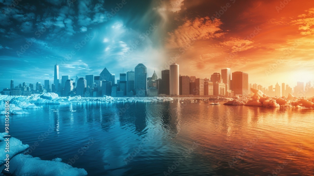 Fototapeta premium A city skyline divided by a sunset-colored sky on the left and a blue sky on the right, creating a contrast between icy and warm environments, evoking a tense atmosphere.