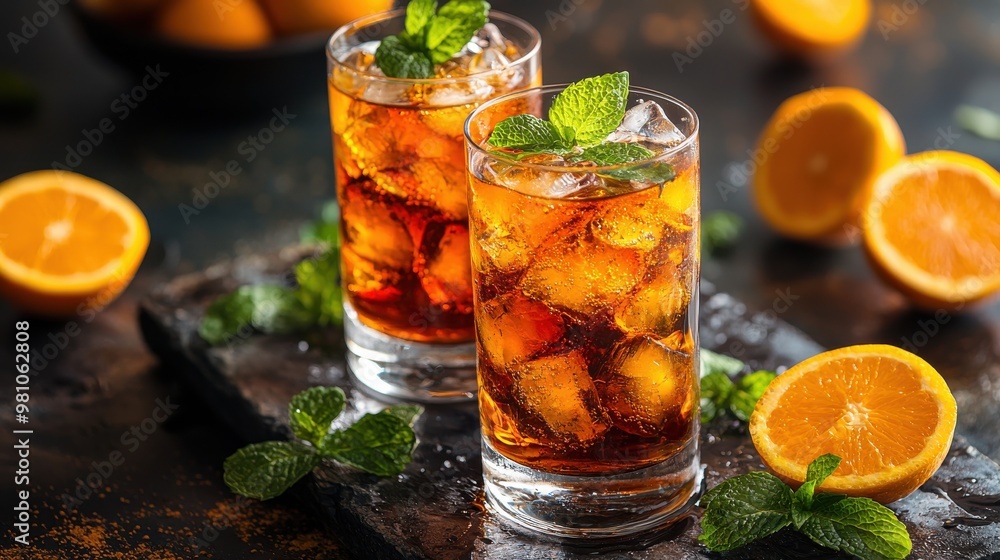 Refreshing iced tea with fresh mint and citrus slices served in tall glasses during a summer afternoon gathering Refreshing iced tea with fresh mint and citrus slices served in tall glasses during a summer afternoon gathering