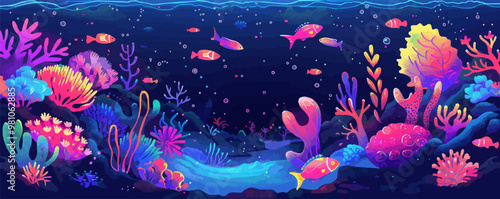 Neon underwater world, glowing fish and coral reefs, oceanic exploration, neon style, vector illustration, flat style.