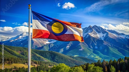 Vibrant Colorado state flag waving proudly in the foreground with the majestic Rocky Mountains and clear blue sky