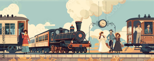 Nostalgic train station with vintage locomotives and travelers in period clothing, flat, vector illustration, vintage hand drawn.