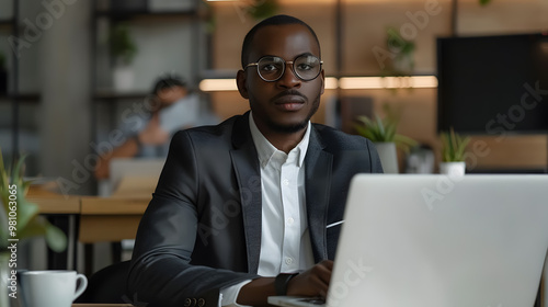 Businessman sitting at table with laptop and looking at camera in office