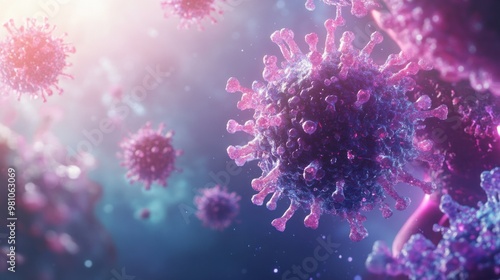 A digital rendering of a virus particle surrounded by antibodies, symbolizing an immune response in progress.