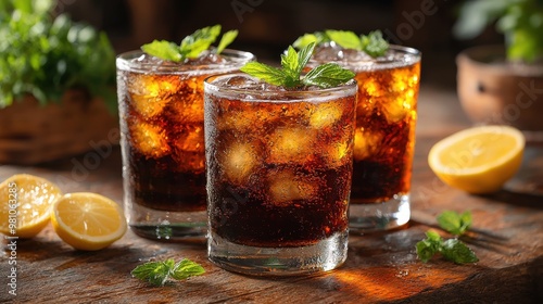 Refreshing cola drinks with ice and mint leaves served on a wooden table with lemon slices in a cozy setting