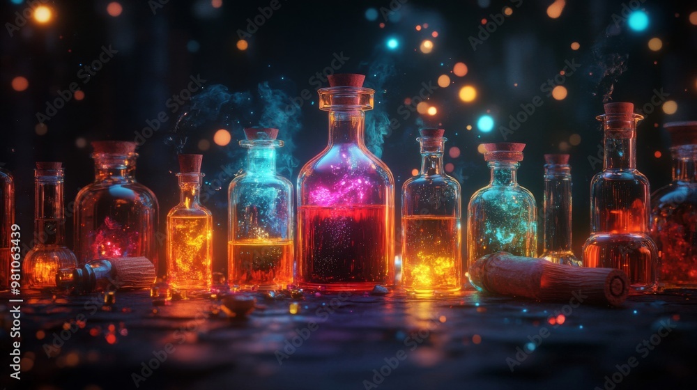 A Collection of Glowing Potion Bottles with Magical Effects A Collection of Glowing Potion Bottles with Magical Effects