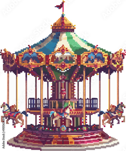 Pixelated carnival carousel icon pixel art on white isolated background, vector design.