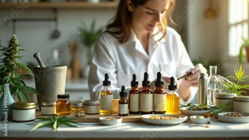 homeopathic product laboratory homeopathic product bottles, oil, cream, ointment, dropper, cannabist