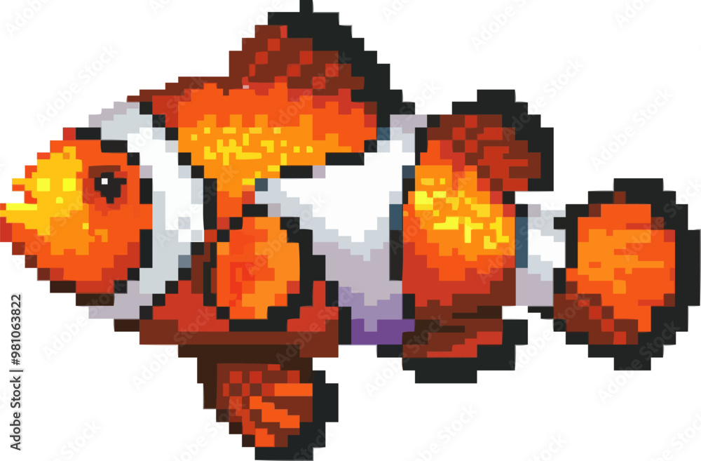 Pixelated clownfish icon pixel art on white isolated background, vector design. Pixelated clownfish icon pixel art on white isolated background, vector design.
