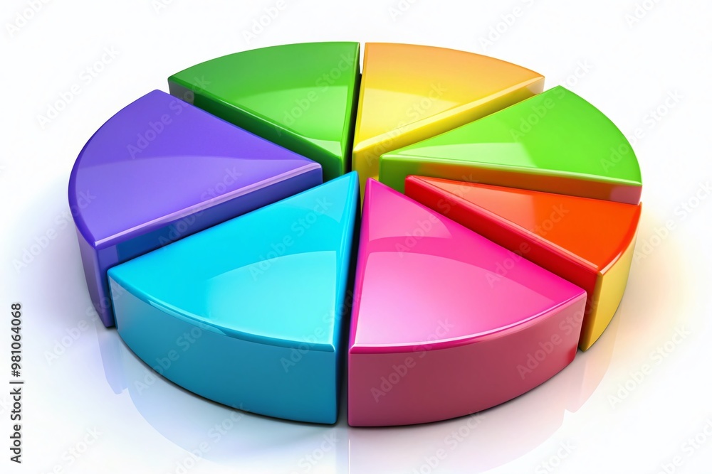Obraz premium Vibrant colorful 3D pie chart segments overlapping and merging, forming a cohesive circle on a white background,