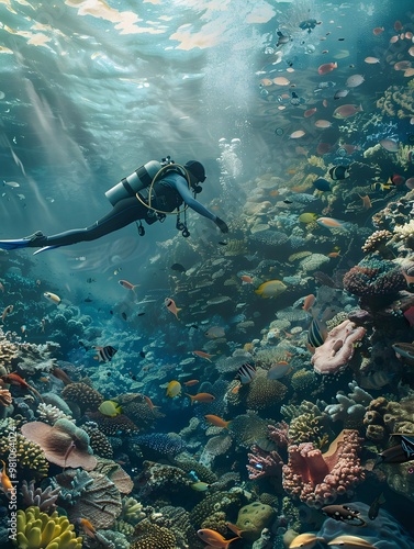 Wallpaper Mural Illustration of A stunning underwater scene, a diver exploring a coral reef, collecting ocean plastic, symbolizing the freedom to protect the environment and live a zero waste lifestyle Torontodigital.ca
