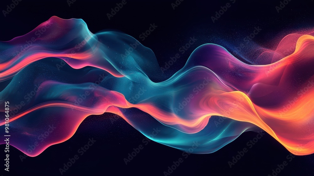 Fototapeta premium Abstract vibrant colorful waves in dark background, representing dynamic flow and modern art in an ethereal realm.