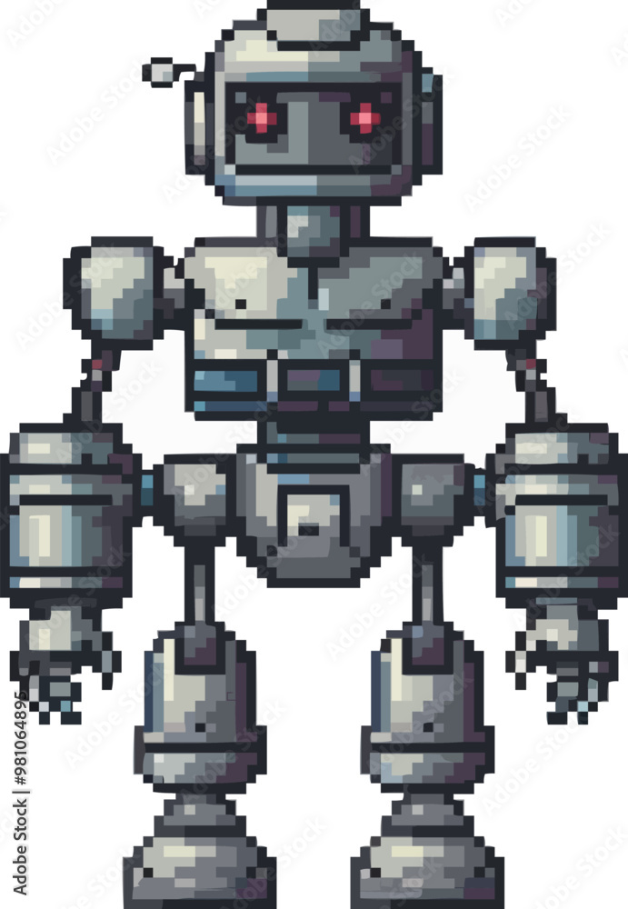 Pixelated robot icon pixel art on white isolated background, vector design.
