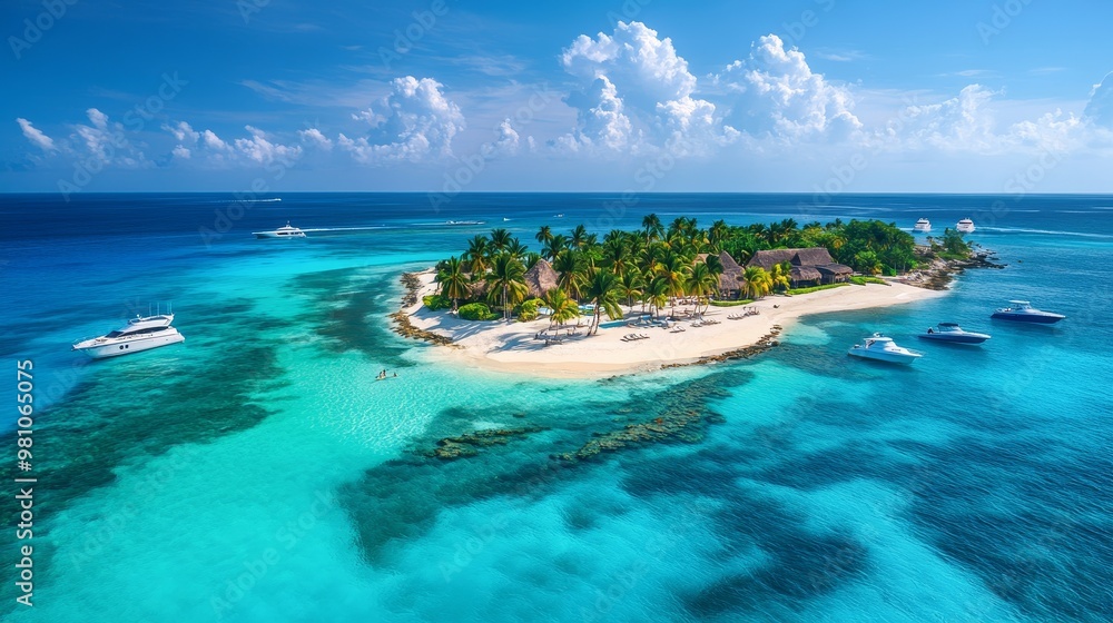 Scenic aerial of a luxury resort island nestled in turquoise waters, yachts anchored offshore, palm trees swaying in the tropical breeze, pristine white beaches Scenic aerial of a luxury resort island nestled in turquoise waters, yachts anchored offshore, palm trees swaying in the tropical breeze, pristine white beaches