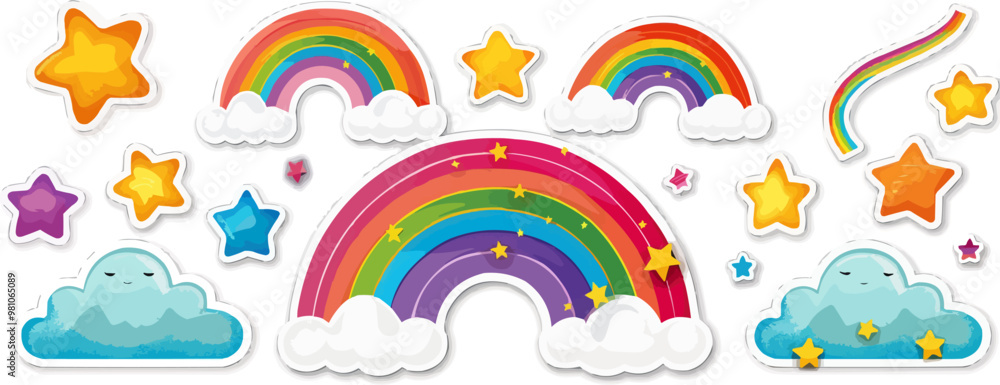 Cheerful rainbow stickers set with colorful arcs, clouds, and stars, perfect for adding a pop of color to any project, flat stickers set, vector illustration.