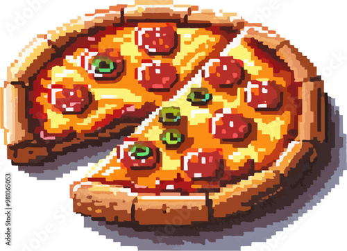 Pixelated pizza slice icon pixel art on white isolated background, vector design.