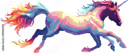 Pixelated pixelated unicorn icon pixel art on white isolated background, vector design.
