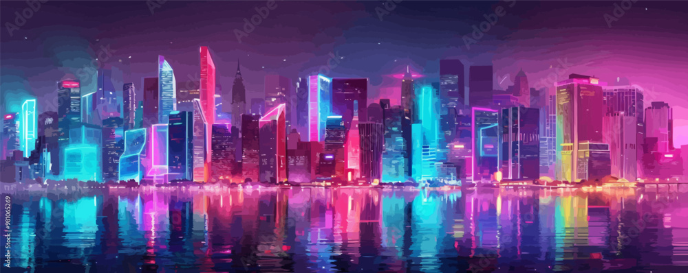 Cityscape neon vibes. Retro urban skyline with glowing lights and vibrant hues, bustling streets, and dynamic energy Cityscape neon vibes. Retro urban skyline with glowing lights and vibrant hues, bustling streets, and dynamic energy