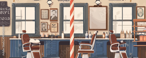 Classic barber shop with a striped pole and vintage barber tools, flat, vector illustration, vintage hand drawn.