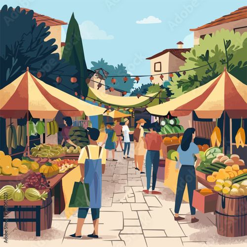 Charming village market with vendors selling fresh produce and handmade goods, flat, vector illustration, Sketch.