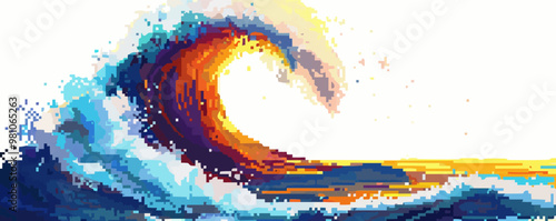 Pixelated surf wave icon pixel art on white isolated background, vector design.
