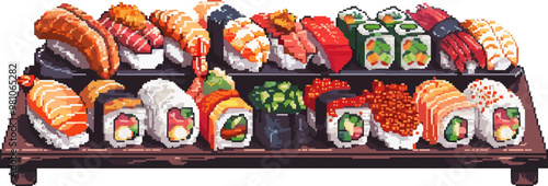 Pixelated sushi roll icon pixel art on white isolated background, vector design.