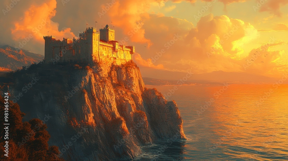 Fototapeta premium A vast ocean surrounds a medieval stronghold on a steep cliff, bathed in golden sunlight, Realism, Oil painting, Warm tones, High-detail textures, Dynamic shadows