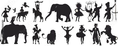 Circus animals, elephants, lions, and ringmasters, entertainment silhouettes, black silhouette, vector illustration, flat style.