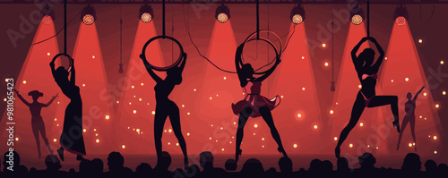 Circus performance, acrobat with rings and clown, entertaining show, vector illustration, black silhouette, flat