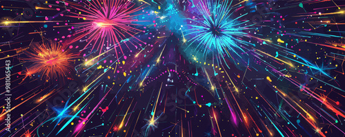 Neon fireworks, explosive colors and vibrant lights in the night sky, festive display, neon style, vector illustration, flat style.