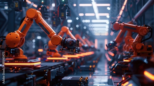 Robotic arms working on assembly line in factory. Concept of artificial intelligence for industrial revolution and automation manufacturing process