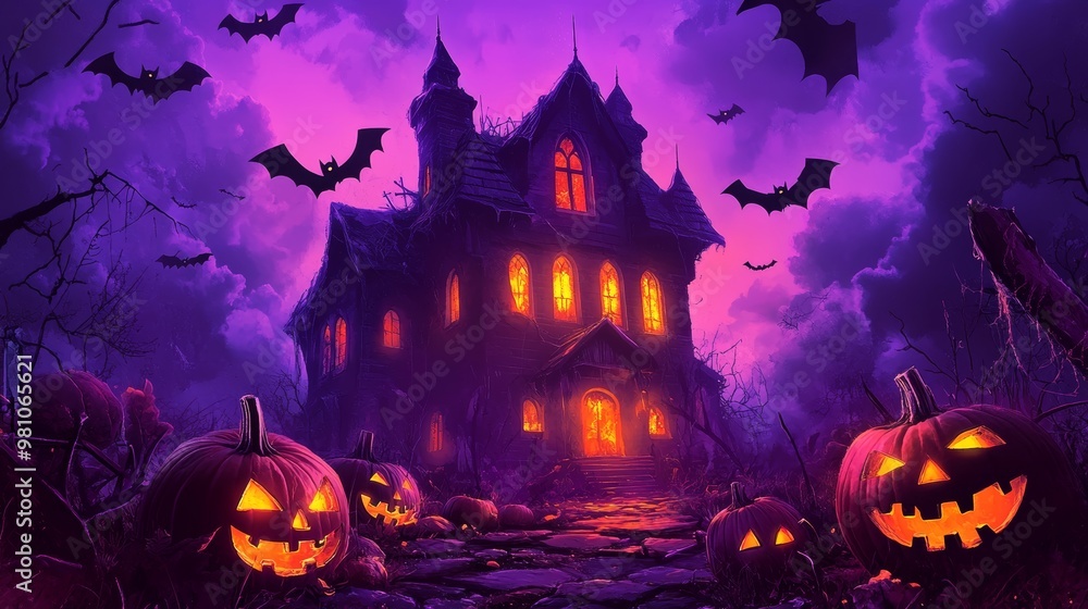 Spooky Haunted House with Jack-o'-lanterns at Night Spooky Haunted House with Jack-o'-lanterns at Night