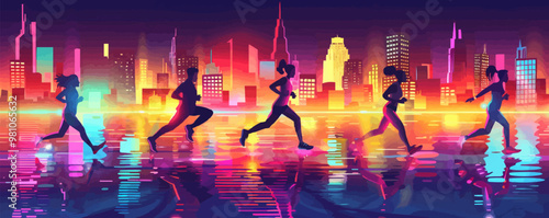 Neon city marathon, glowing runners and urban scenery, fitness event, neon style, vector illustration, flat style.