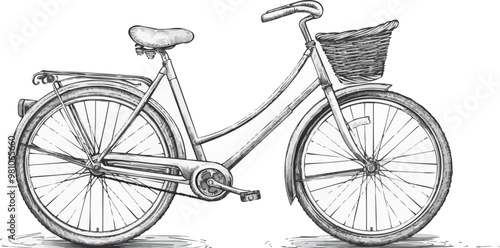 Classic pin-up bicycle with a wicker basket, vector illustration, pin-up style, imitation of a scratch board, black and white image.
