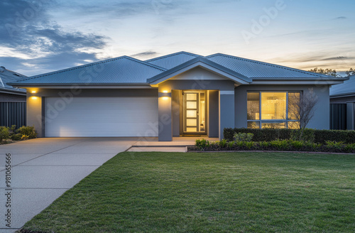 Wallpaper Mural A stunning front view of an architecturally designed modern home in Western Australia, with its gray-colored roof and white garage door, illuminated by the soft glow from multiple wall sconces Torontodigital.ca