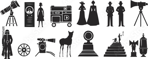 Classic movie icons, famous film characters and props, cinematic silhouettes, black silhouette, vector illustration,