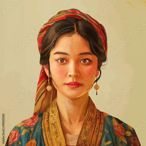 Classical painting portrait with realistic shading and traditional attire, flat portrait, vector illustration.