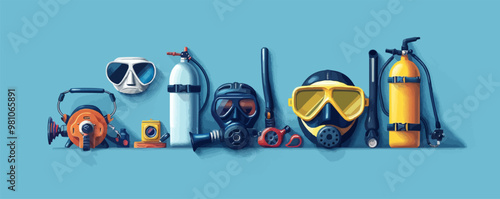 Vintage scuba diving gear with mask, snorkel, and oxygen tank Vector flat minimalistic isolated illustration