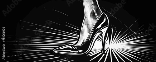 Classic pin-up stiletto heel with intricate patterns, vector illustration, pin-up style, imitation of a scratch board, black and white image.